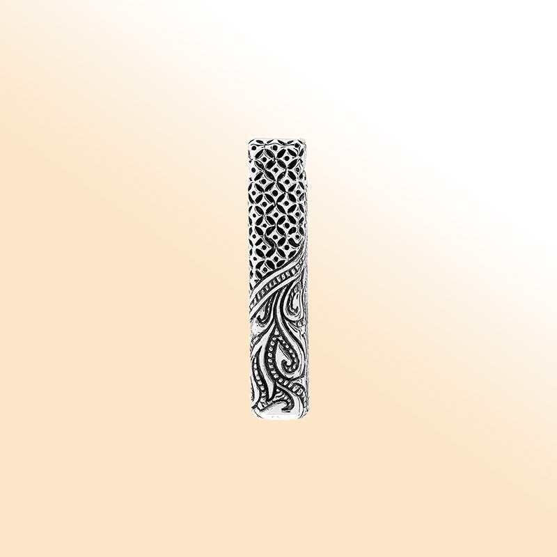 Sterling silver rectangular pendant with detailed Bali carving and oxidized finish – handcrafted unisex artisan jewelry for everyday wear or gifting.