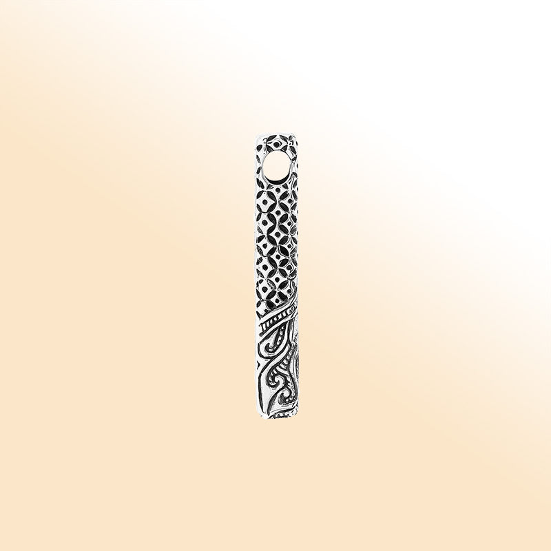 Sterling silver rectangular pendant with detailed Bali carving and oxidized finish – handcrafted unisex artisan jewelry for everyday wear or gifting.