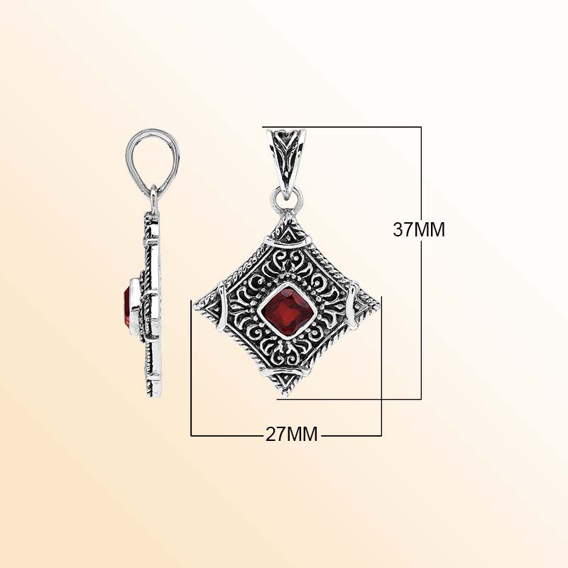 Handcrafted sterling silver Garnet Quartz heritage pendant with intricate Balinese detailing