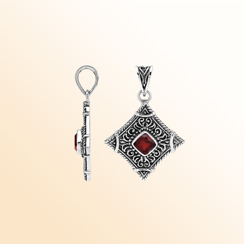 Handcrafted sterling silver Garnet Quartz heritage pendant with intricate Balinese detailing