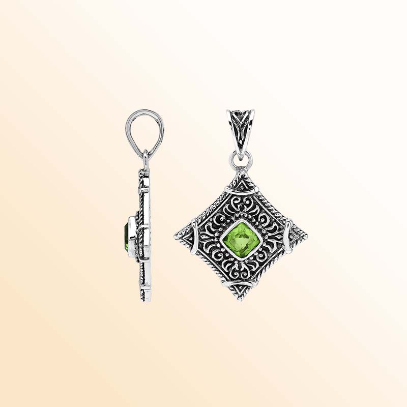 Handcrafted sterling silver Peridot Quartz pendant with decorative Balinese filigree details