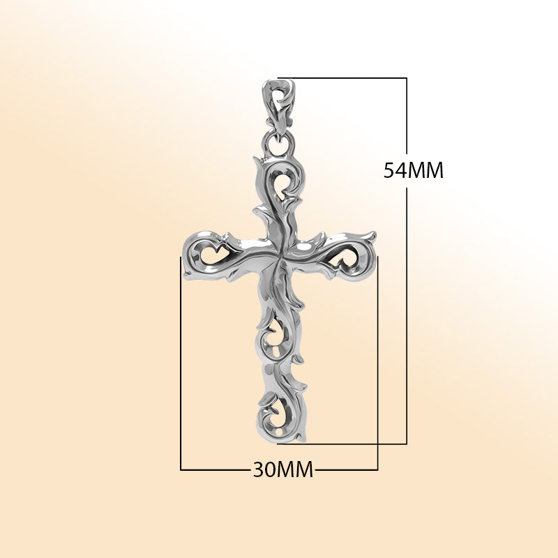 Artistic sterling silver cross pendant with flowing curved detailing, polished bright finish, and expressive handcrafted-inspired design for modern daily wear