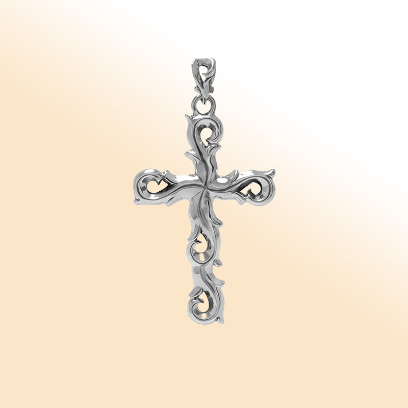 Artistic sterling silver cross pendant with flowing curved detailing, polished bright finish, and expressive handcrafted-inspired design for modern daily wear