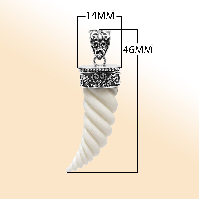 Artistic sterling silver spiral horn bone pendant with decorative Balinese patterned cap and polished finish designed for modern expressive jewelry wearers