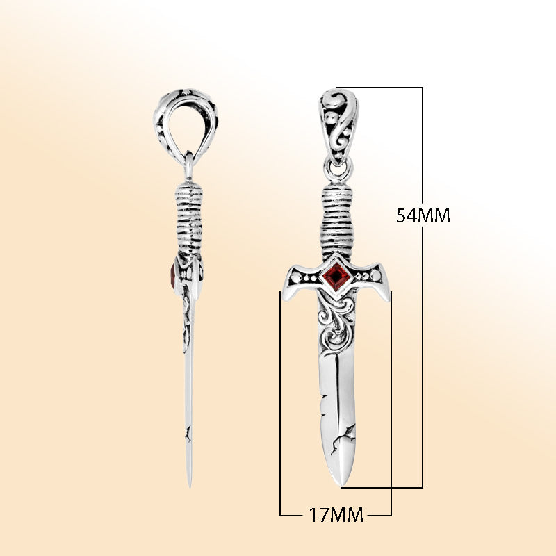 Artistic sterling silver sword pendant with Red Garnet Quartz centerpiece and carved details ideal for modern fashion-forward jewelry lovers
