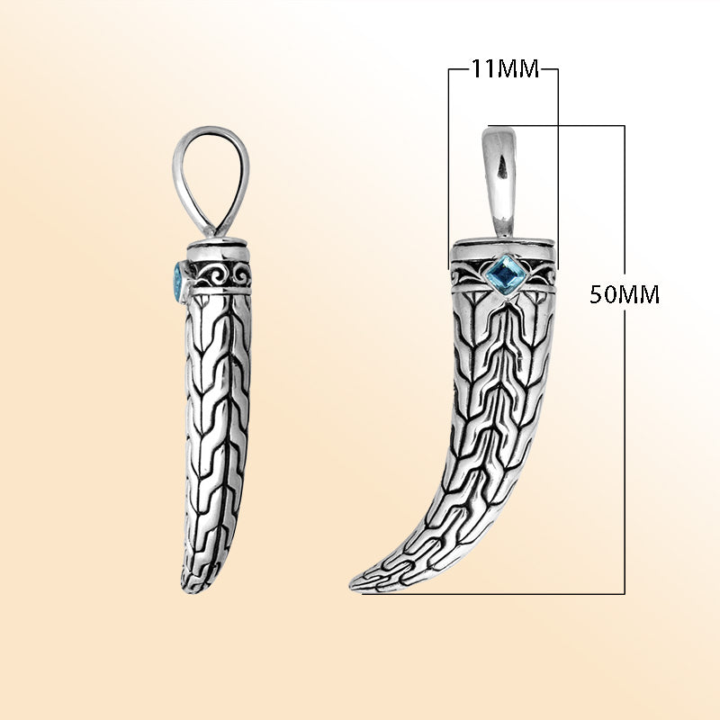 Artistic sterling silver engraved horn pendant featuring a square Blue Topaz Quartz and tribal detailing for modern expressive jewelry wearers