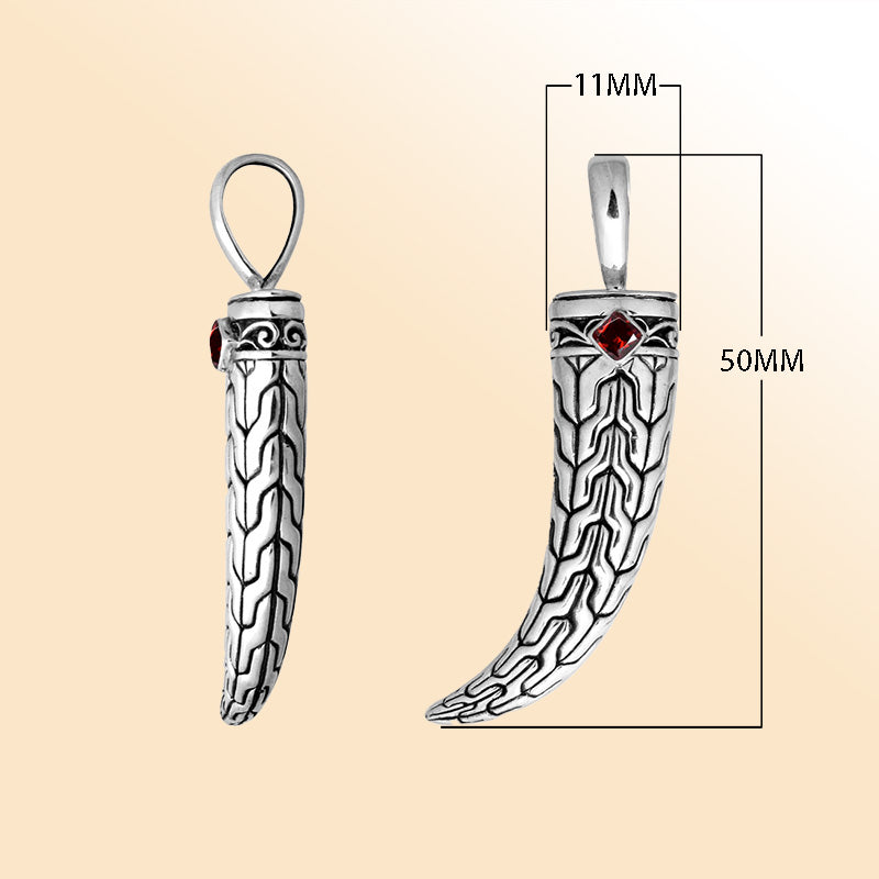 Artistic sterling silver engraved horn pendant with tribal pattern and Red Garnet Quartz accent created for modern expressive jewelry styling