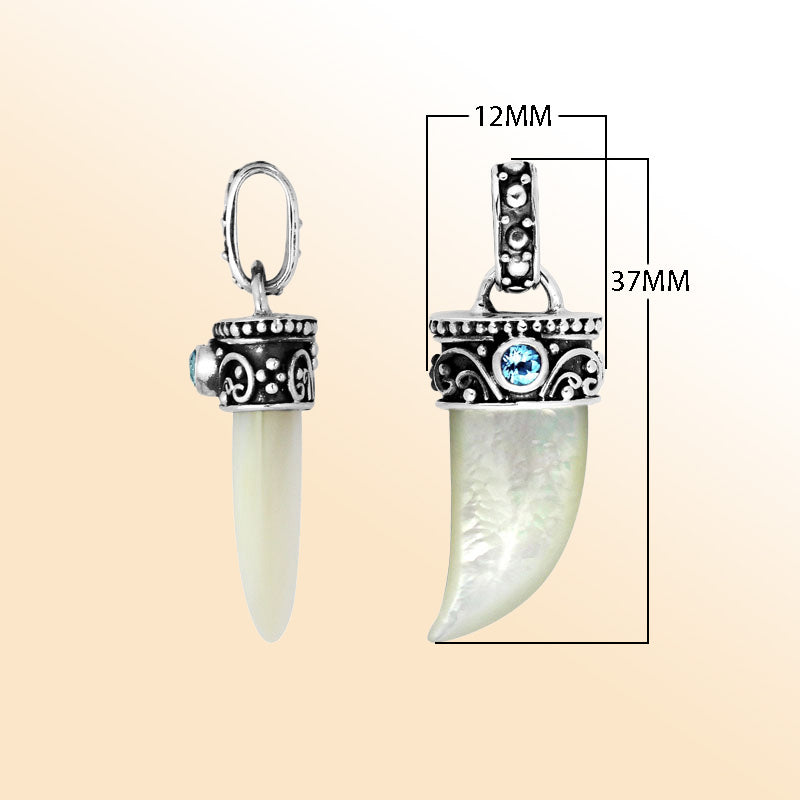 Artisan sterling silver Shell tusk pendant with Blue Topaz Quartz and Balinese ornamental detailing.