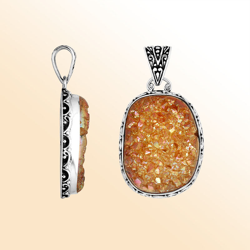 Artisan sterling silver Druzy Quartz oval pendant with intricate Balinese ornament work.