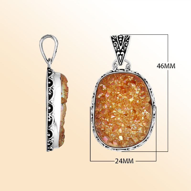 Artisan sterling silver Druzy Quartz oval pendant with intricate Balinese ornament work.