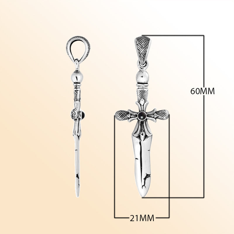 Handcrafted sterling silver sword pendant with Black Onyx and Balinese artistic detailing.