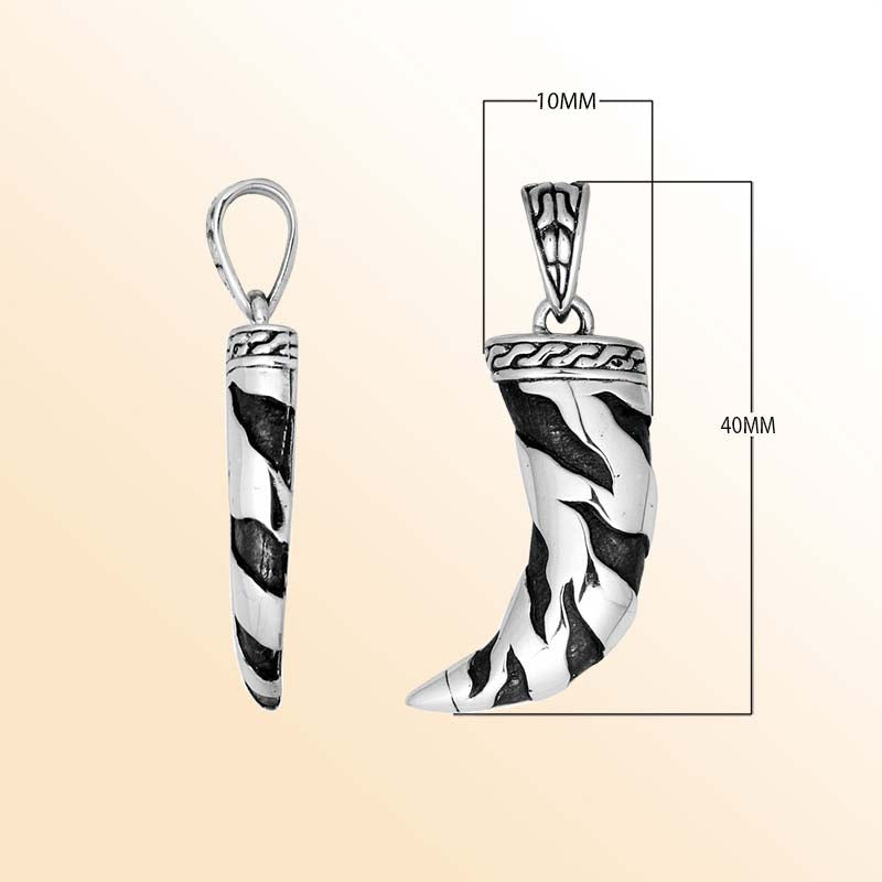 Artistic sterling silver sword-shaped pendant with oxidized pattern.