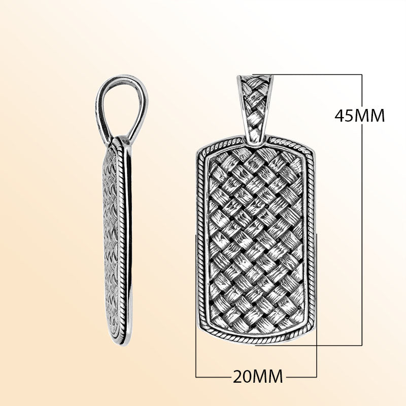 Artistic sterling silver rectangle pendant with woven textured pattern.