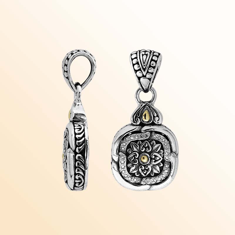 Artistic floral square pendant with gold and diamond accents