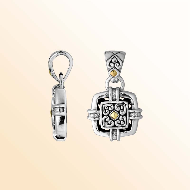 Artistic Sterling Silver pendant in a square open-frame design featuring detailed ornamentation, Diamond accents, and warm 18K Gold highlights, captured clearly from both front and side views.