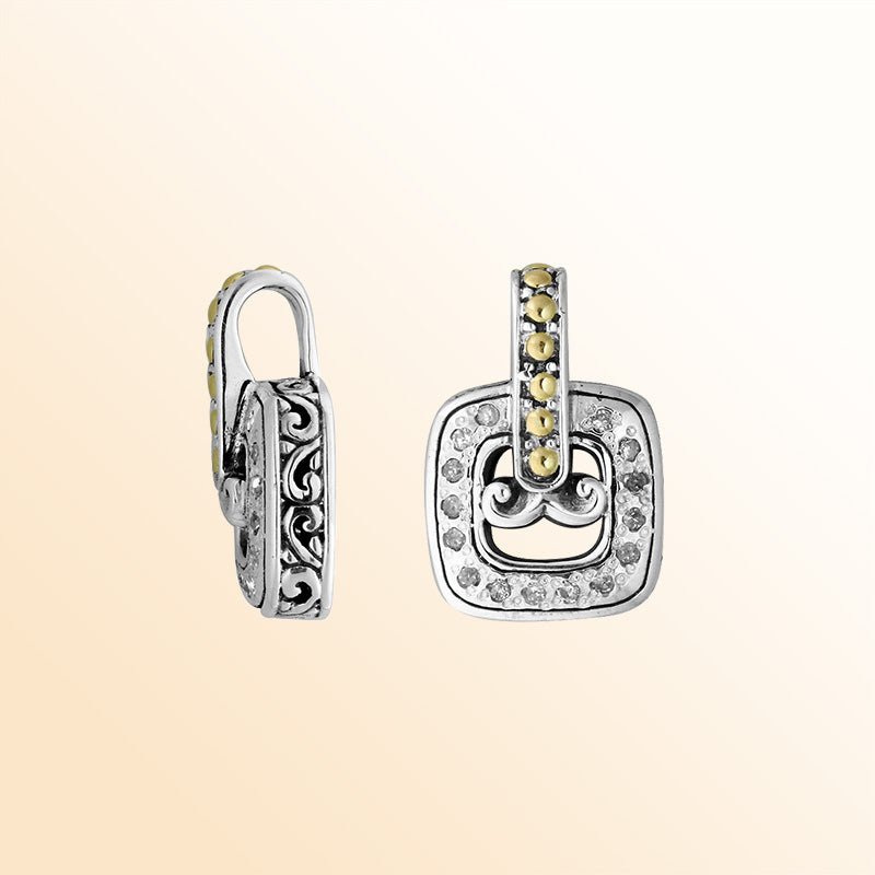 Artistic Sterling Silver square pendant featuring openwork scroll patterns, Diamond sparkle, and 18K Gold highlights, displayed from multiple angles for a complete view of its detailed craftsmanship.