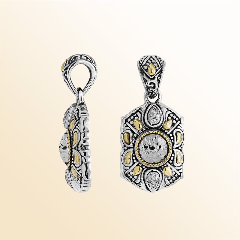 A handcrafted two-tone pendant made of sterling silver and 18K gold, featuring a hammered silver sunburst center with diamond accents and intricate Balinese artistic detailing for refined everyday wear.