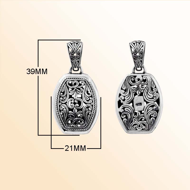 A handcrafted Silver Overlay Over Copper oval pendant featuring ornate Balinese scroll filigree, oxidized textures, polished silver overlay, and artistic detailing perfect for elegant everyday wear.