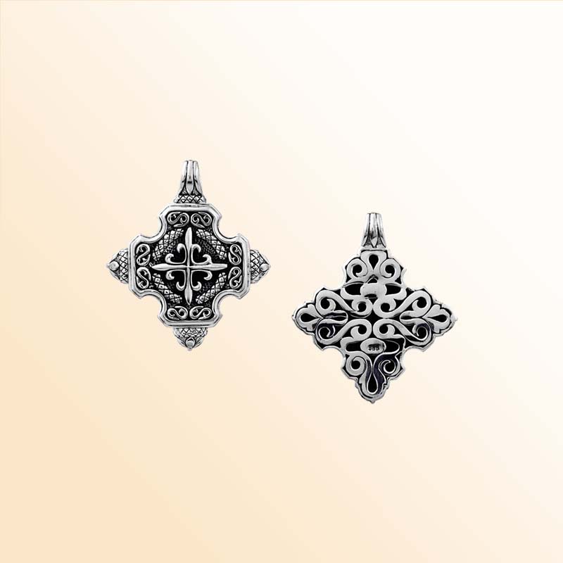 A handcrafted Silver Overlay Over Copper fancy cross pendant featuring ornate Balinese scrollwork, oxidized antique textures, polished overlay details, and expressive artisan craftsmanship ideal for elegant everyday wear.
