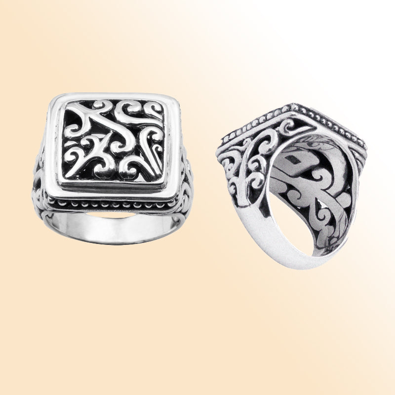 Sterling silver square signet ring with detailed Balinese scroll design, oxidized accents, and polished finish, handcrafted for a bold and timeless look.
