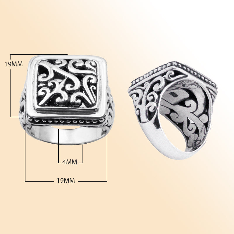 Sterling silver square signet ring with detailed Balinese scroll design, oxidized accents, and polished finish, handcrafted for a bold and timeless look.
