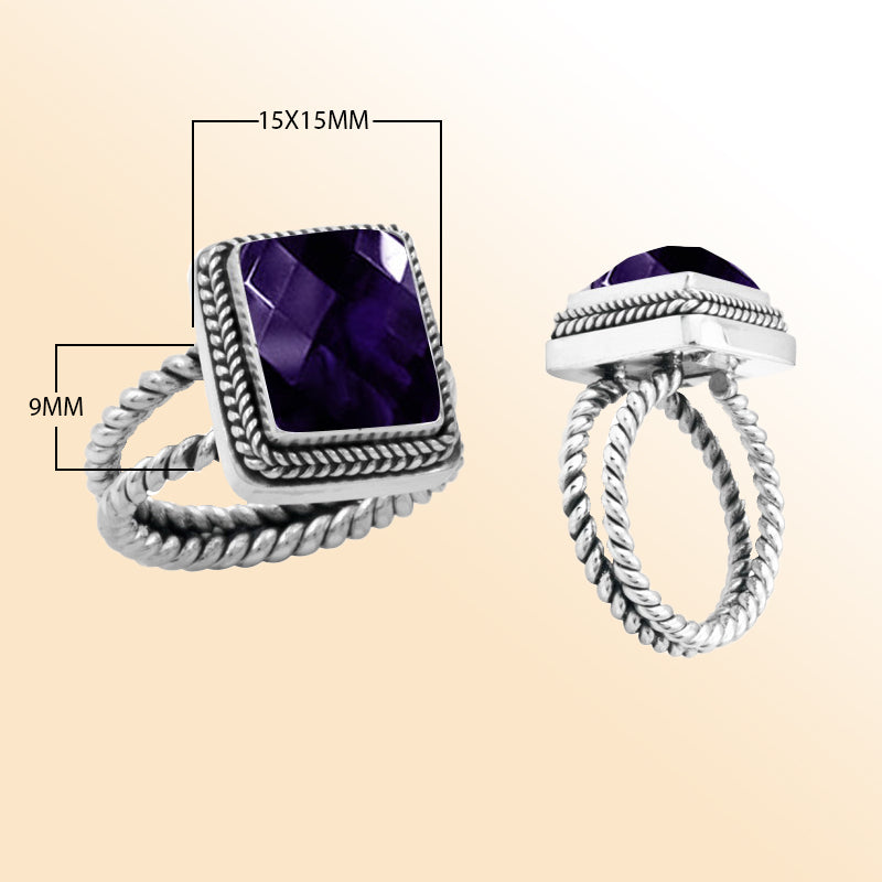 Sterling silver amethyst ring with square faceted purple quartz, rope bezel, and double rope band – elegant artisan-inspired jewelry for women.