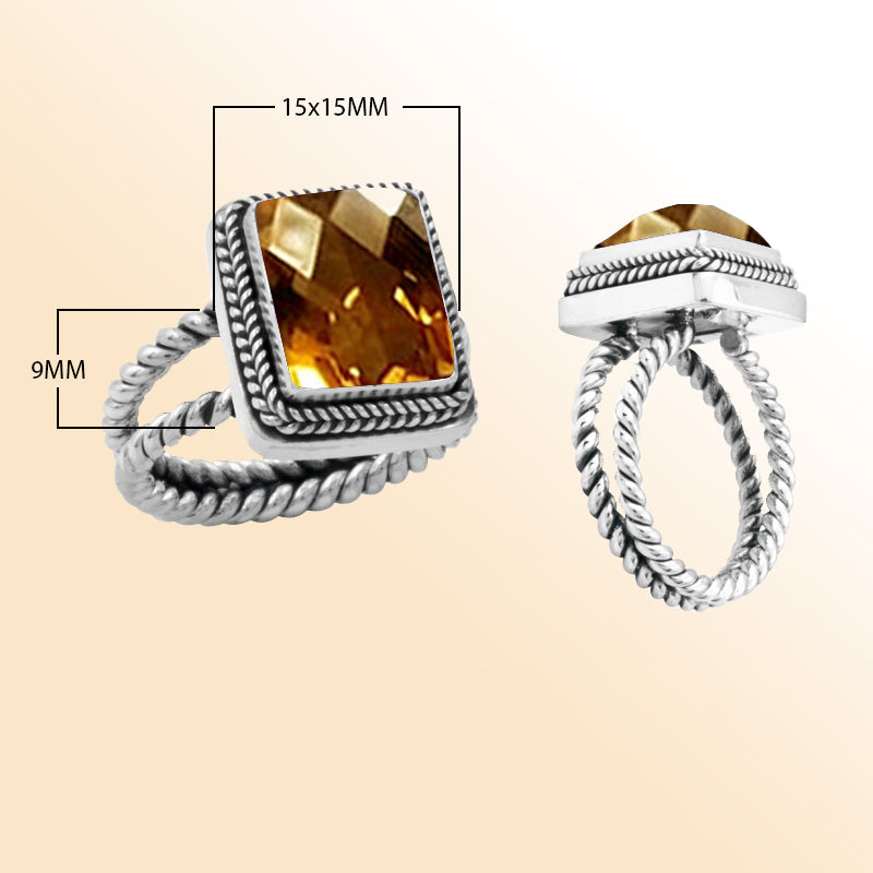 Sterling silver citrine ring with square faceted quartz, rope bezel, and double rope band – elegant artisan-inspired jewelry for women.