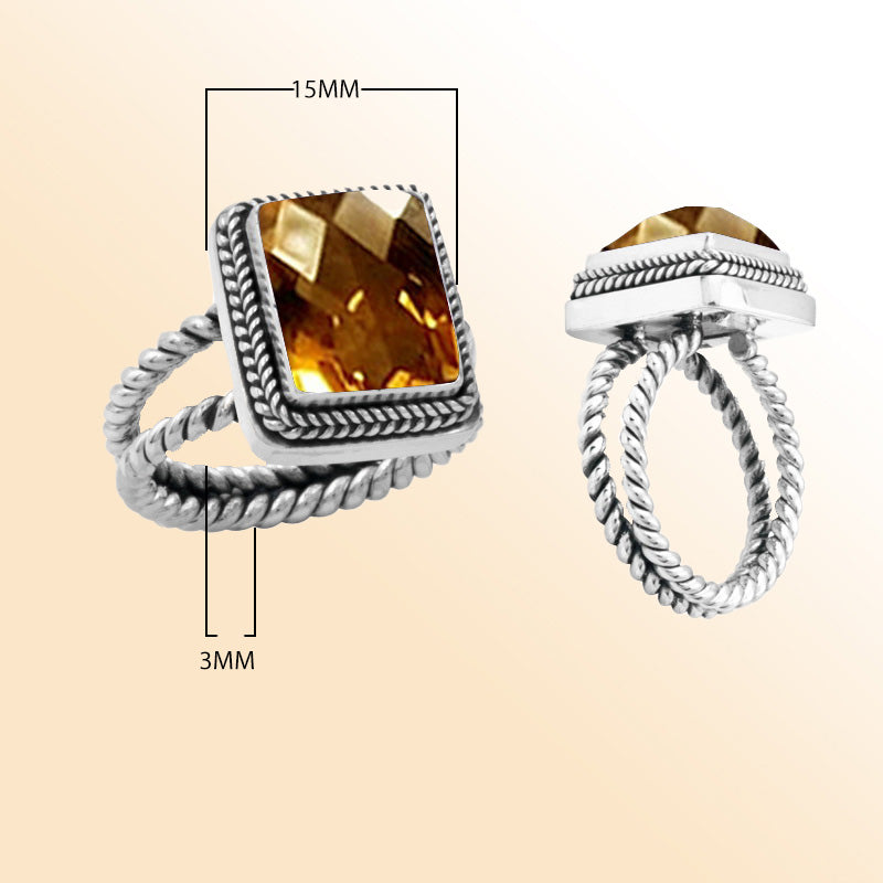 Sterling silver citrine ring with square faceted quartz, rope bezel, and double rope band – elegant artisan-inspired jewelry for women.
