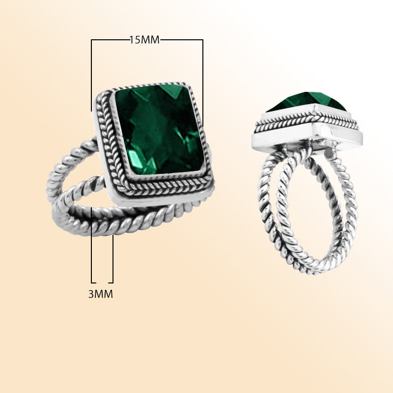 Sterling silver square-cut green quartz ring with rope-style band – bold handcrafted statement jewelry for women.