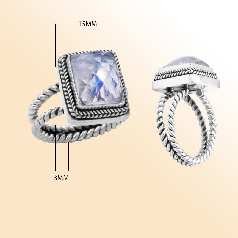 Sterling silver rainbow moonstone ring with square faceted quartz, rope bezel, and double rope band – elegant artisan-inspired jewelry for women.