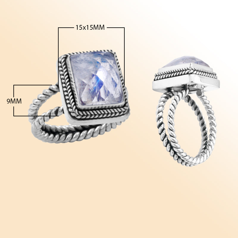 Sterling silver rainbow moonstone ring with square faceted quartz, rope bezel, and double rope band – elegant artisan-inspired jewelry for women.