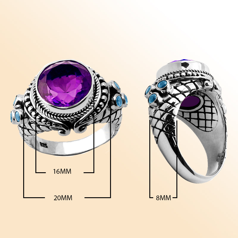 Sterling silver statement ring with faceted round amethyst quartz center and sparkling blue topaz quartz accents, detailed with Bali-inspired rope and scroll design – elegant artisan jewelry for women.