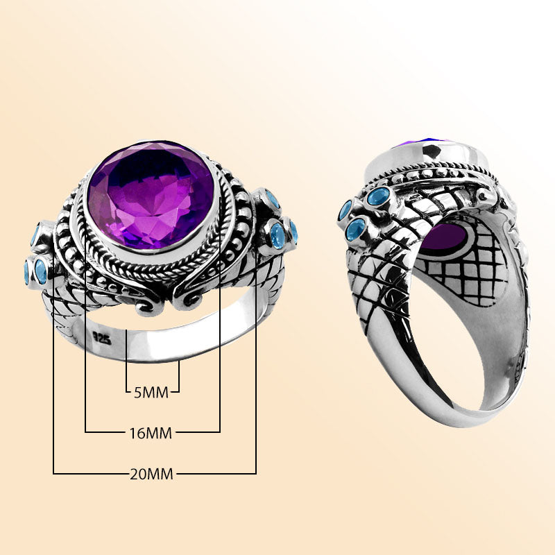 Sterling silver statement ring with faceted round amethyst quartz center and sparkling blue topaz quartz accents, detailed with Bali-inspired rope and scroll design – elegant artisan jewelry for women.
