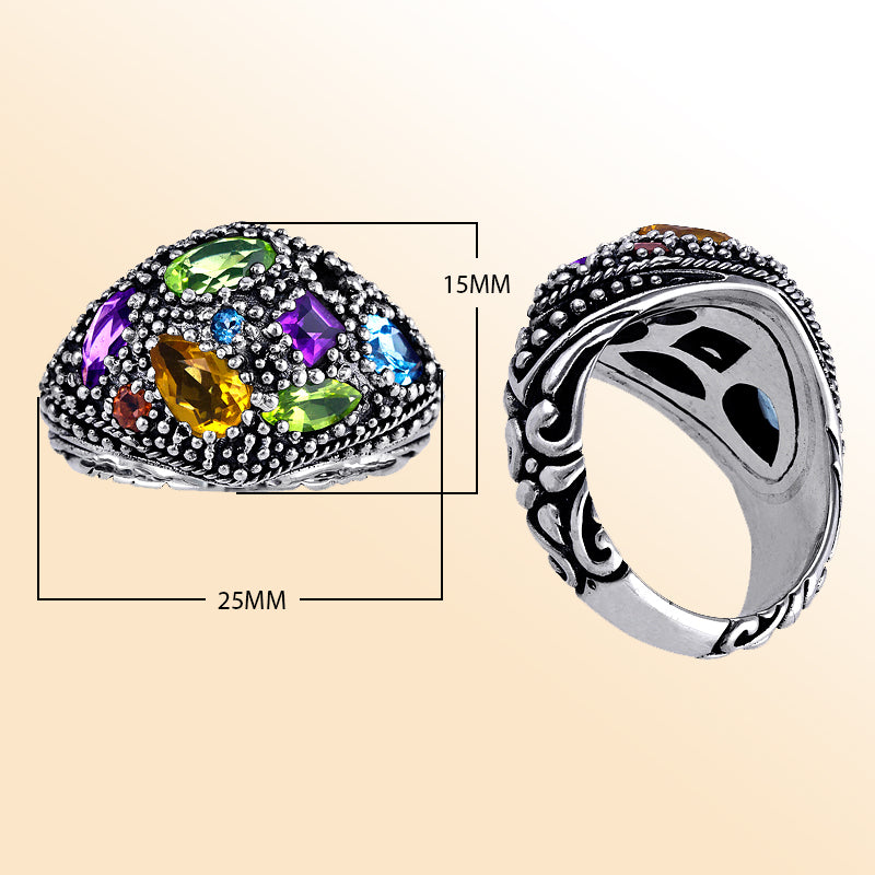 Sterling silver dome ring with amethyst quartz, citrine quartz, peridot quartz, blue topaz quartz, and garnet quartz, detailed with Bali-inspired beaded silverwork – colorful artisan statement jewelry for women.