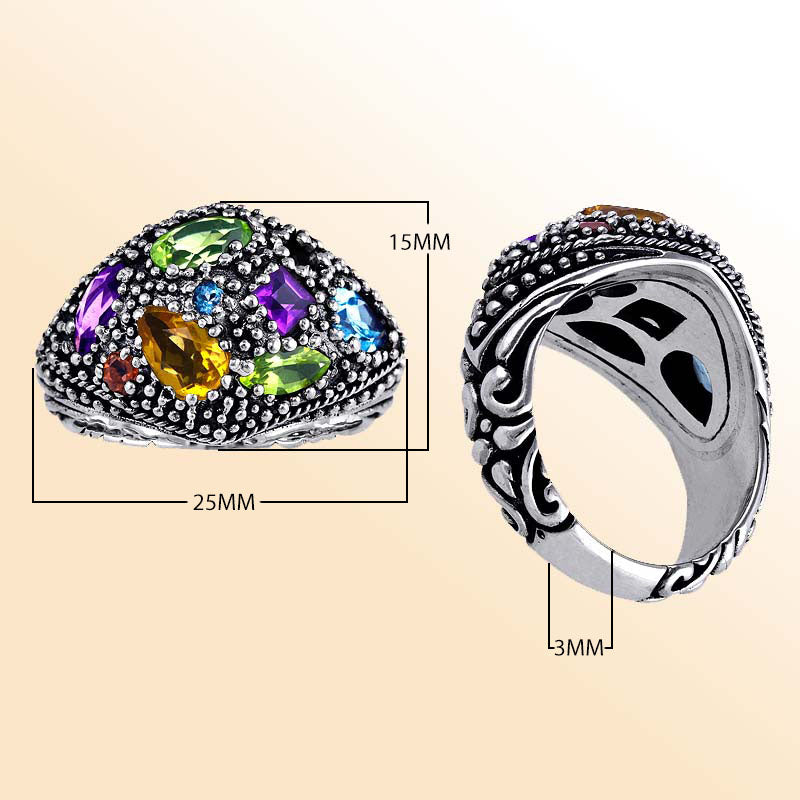 Sterling silver dome ring with amethyst quartz, citrine quartz, peridot quartz, blue topaz quartz, and garnet quartz, detailed with Bali-inspired beaded silverwork – colorful artisan statement jewelry for women.