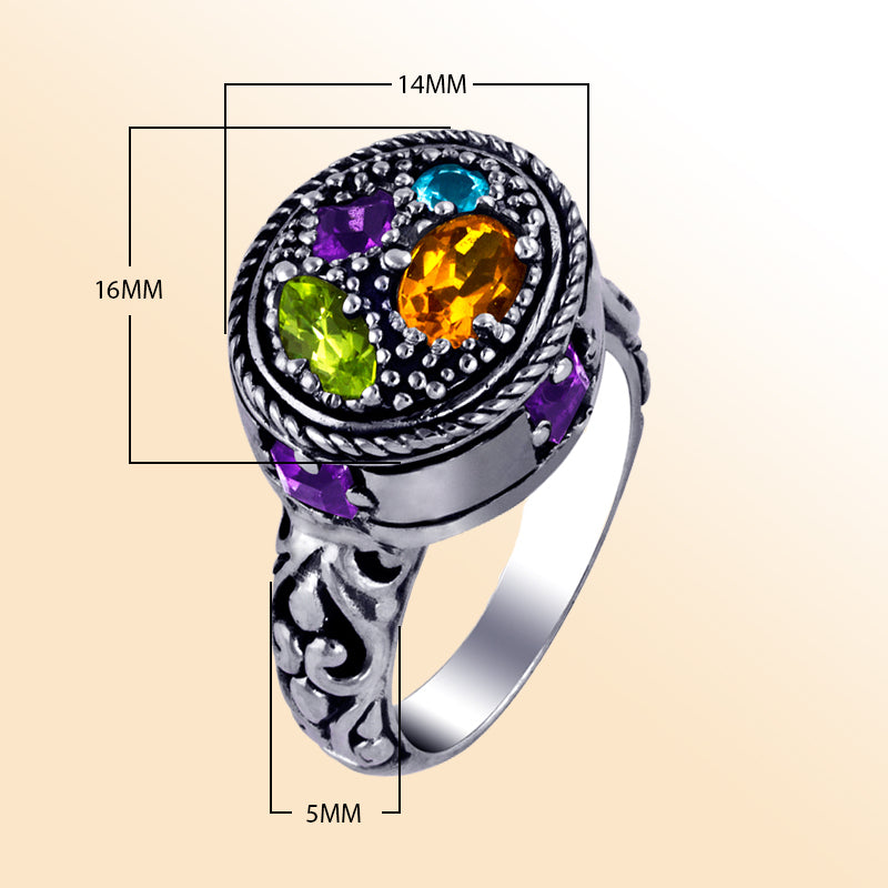 Sterling silver Bali-inspired ring with colorful quartz– Amethyst Q., Citrine Q., Blue Topaz Q., and Peridot Q. – handcrafted statement jewelry for women.