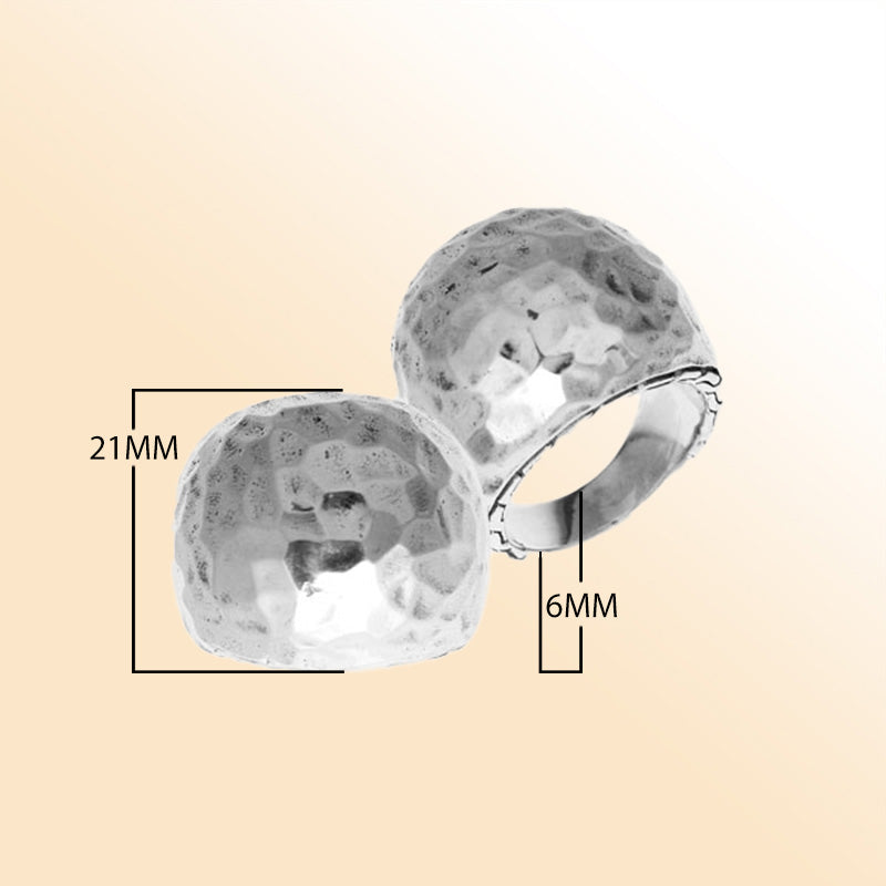 Sterling silver hammered dome ring, bold statement jewelry piece with artisan texture and polished finish for everyday wear or special occasions.