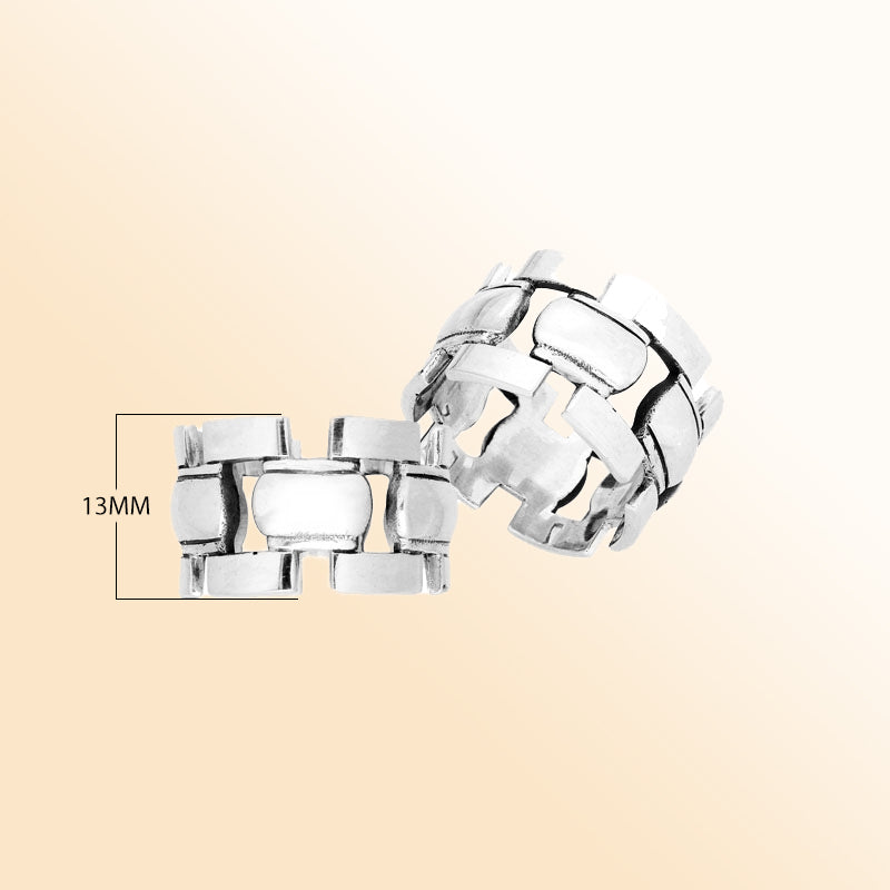 Sterling silver geometric link band ring with a bold modern design, polished finish, and unisex style, handcrafted for everyday wear or gifting.