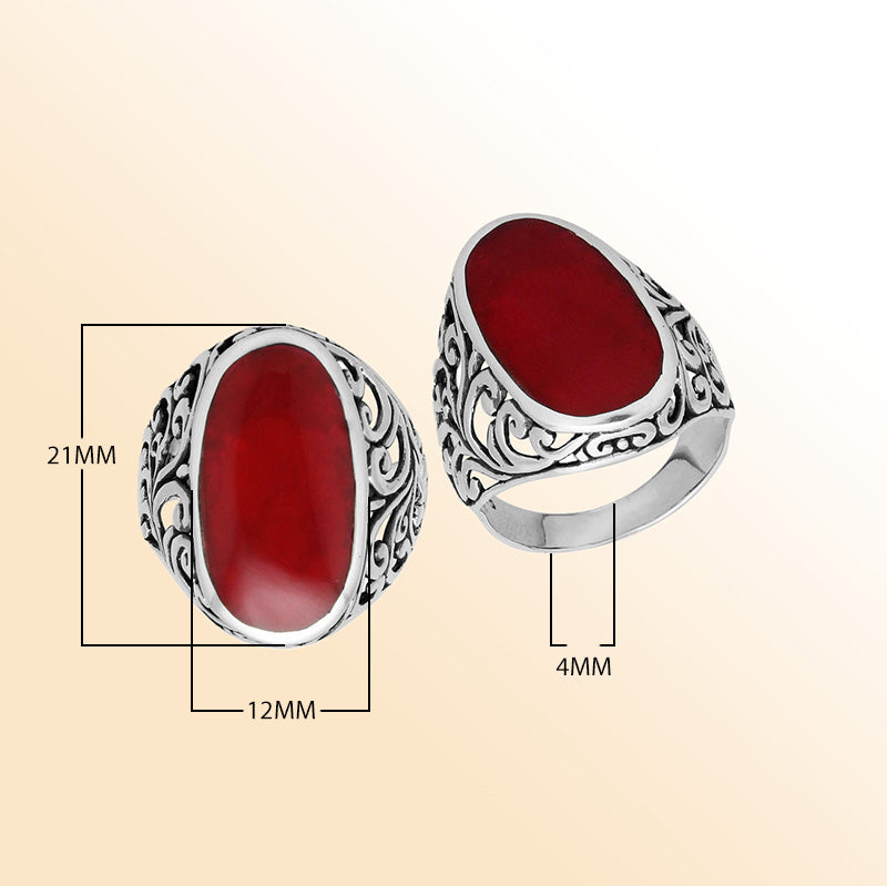 Sterling silver oval Red Coral Shell ring with detailed Bali filigree and oxidized finish, handcrafted artisan statement jewelry for women.