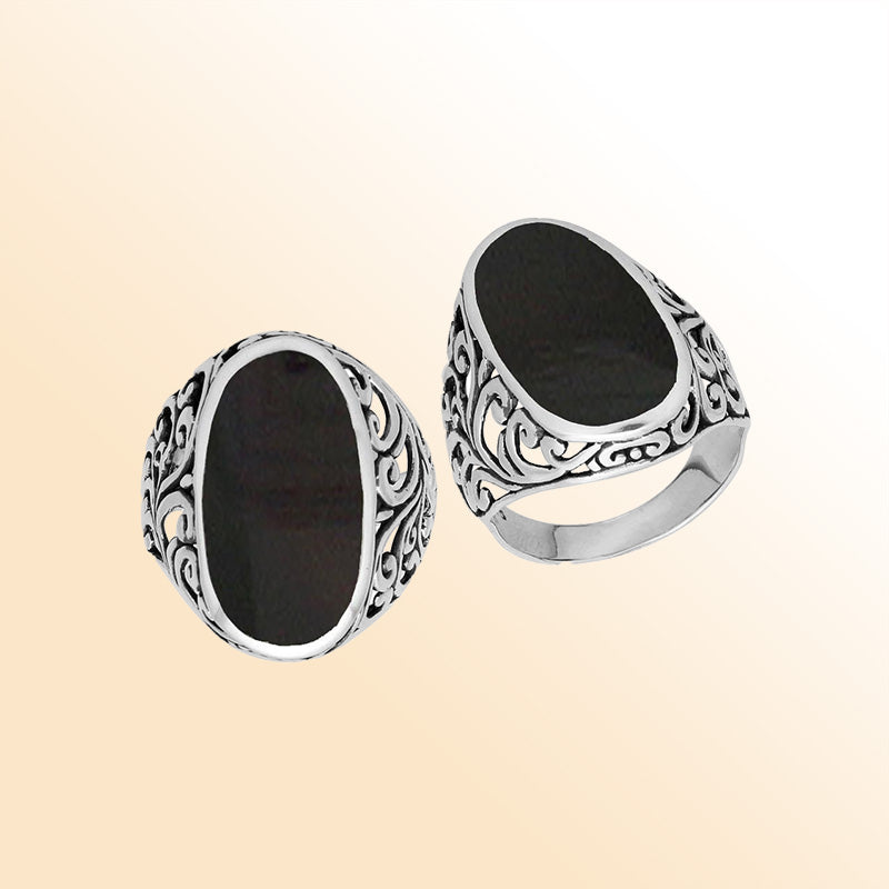 Sterling silver oval Black Onyx Shell ring with elegant Bali filigree detailing and oxidized finish, handcrafted artisan statement jewelry for women.