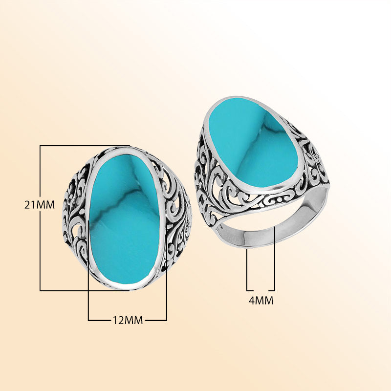 Sterling silver oval Turquoise Shell ring with intricate Bali filigree design and oxidized finish, handcrafted artisan statement jewelry for women.