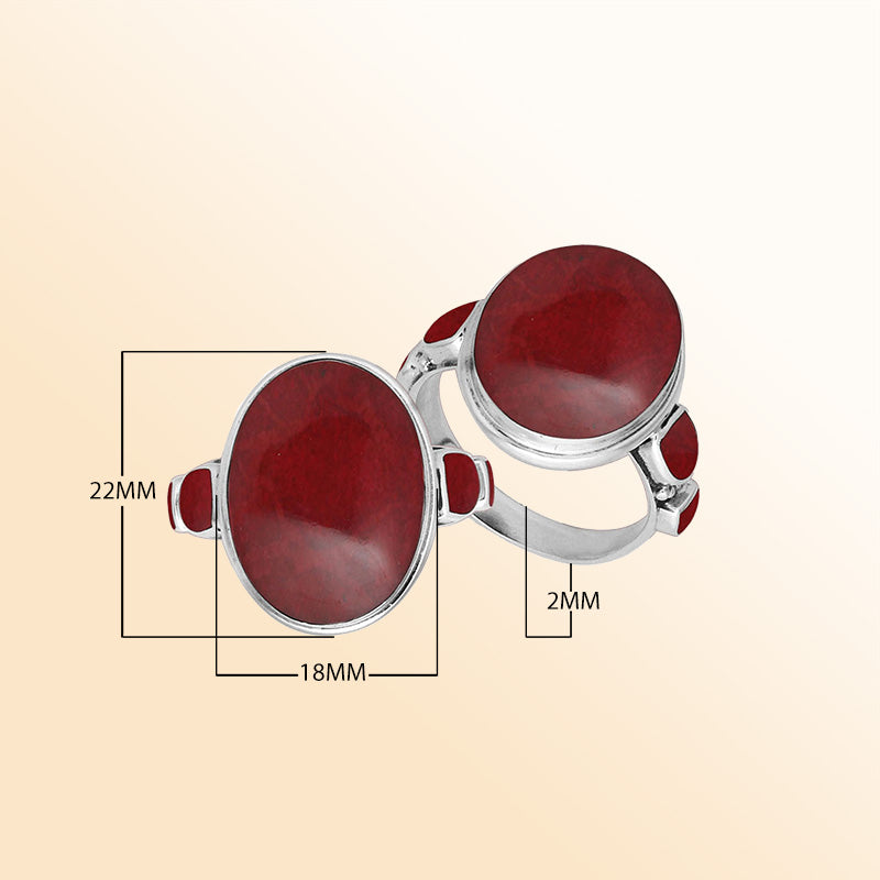 Sterling silver oval Red Coral ring with matching side inlays, handcrafted artisan statement jewelry with bold vibrant shell.