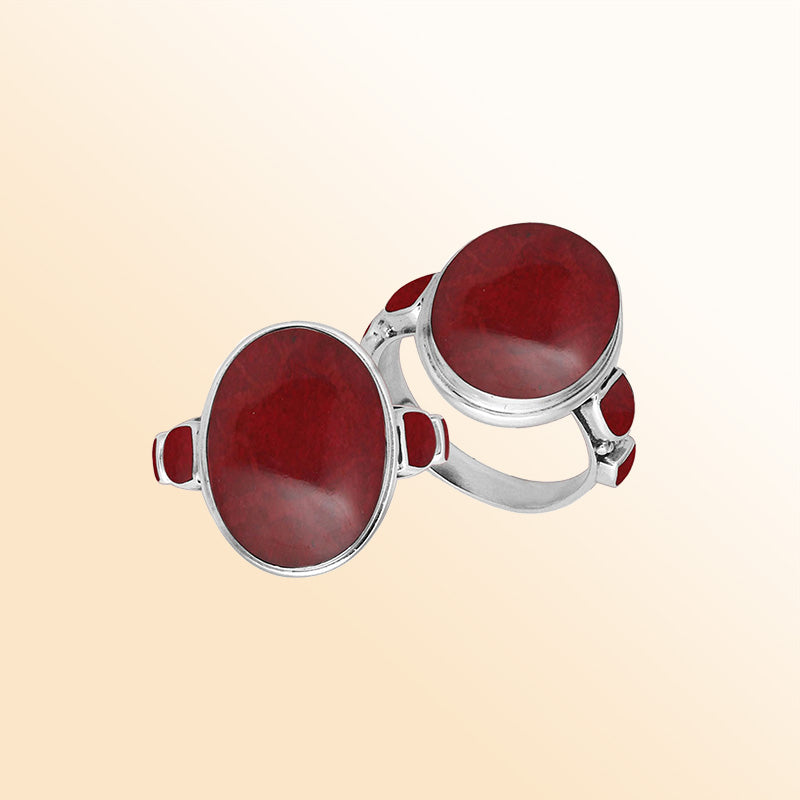 Sterling silver oval Red Coral ring with matching side inlays, handcrafted artisan statement jewelry with bold vibrant shell.