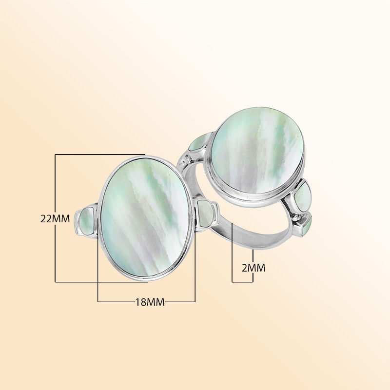 Sterling silver oval Mother of Pearl ring with matching side inlays, handcrafted artisan statement jewelry with elegant iridescent finish.