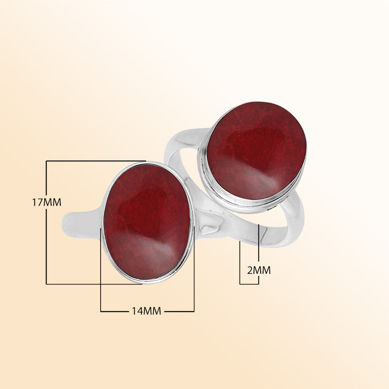 Sterling silver oval Red Coral ring with polished bezel setting, handcrafted artisan statement jewelry featuring a bold vibrant shell.
