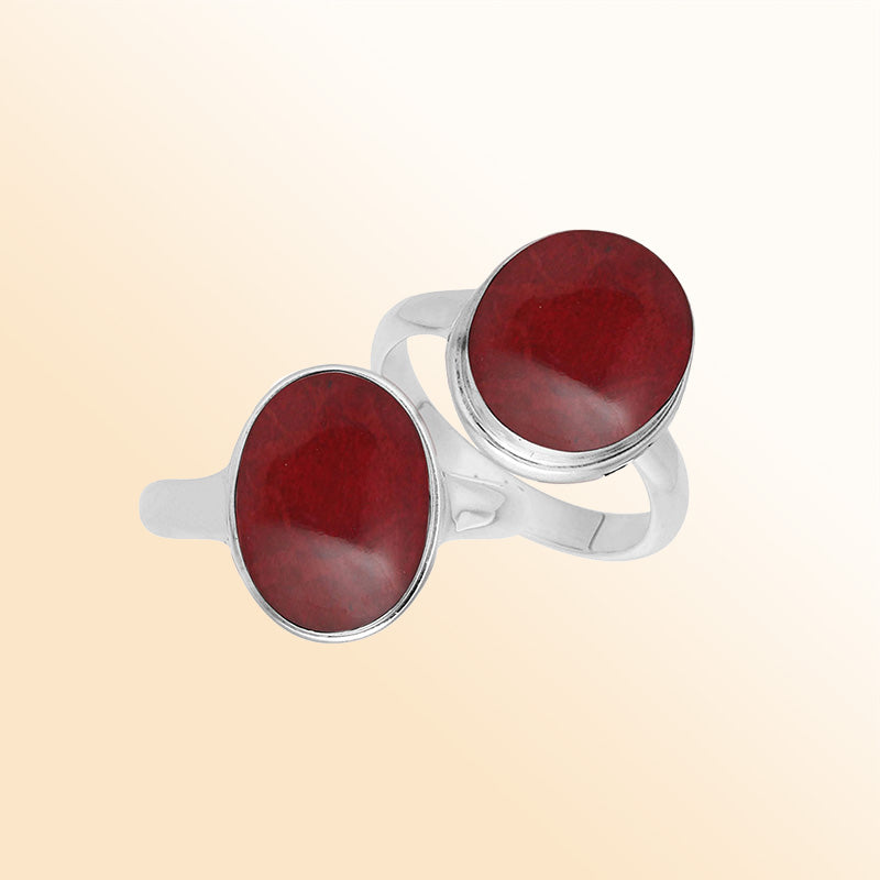 Sterling silver oval Red Coral ring with polished bezel setting, handcrafted artisan statement jewelry featuring a bold vibrant shell.
