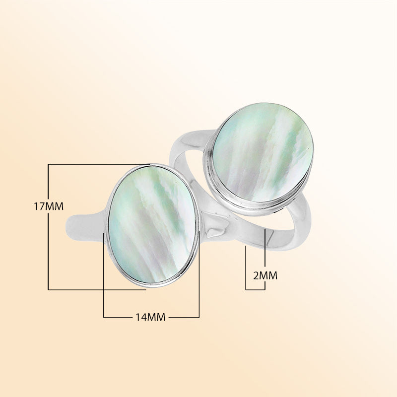 Sterling silver oval Mother of Pearl ring with polished bezel setting, handcrafted artisan statement jewelry with luminous iridescent shell.