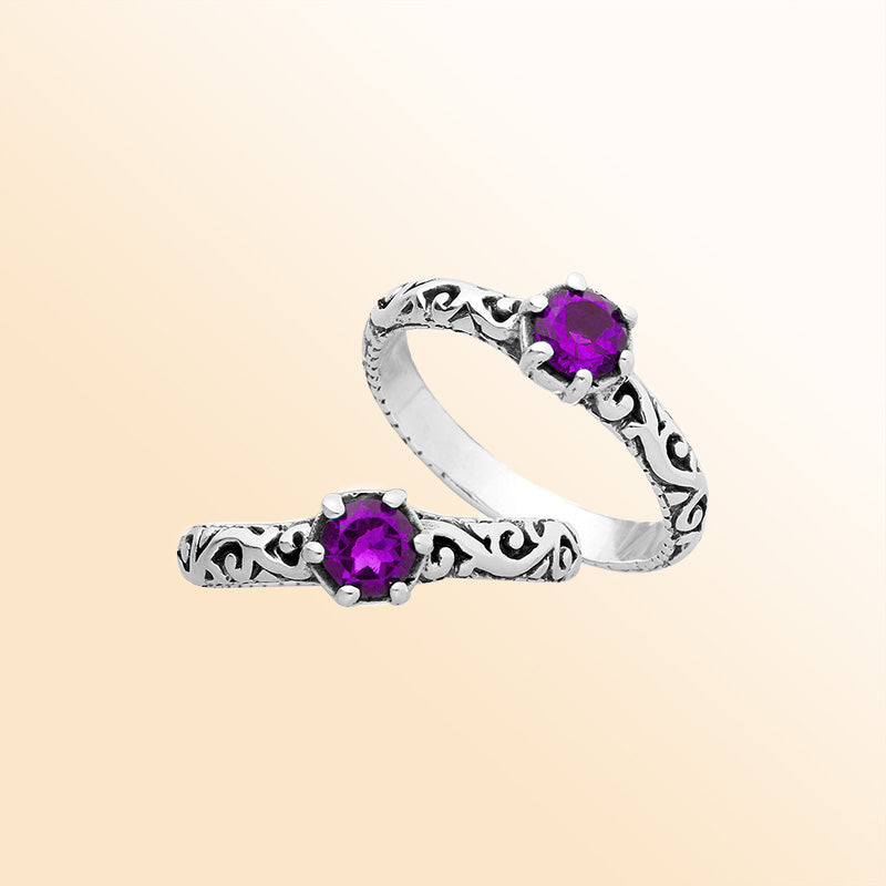 Sterling silver filigree ring with round Amethyst Quartz, artisan handcrafted jewelry for women, elegant purple quartz accessory.