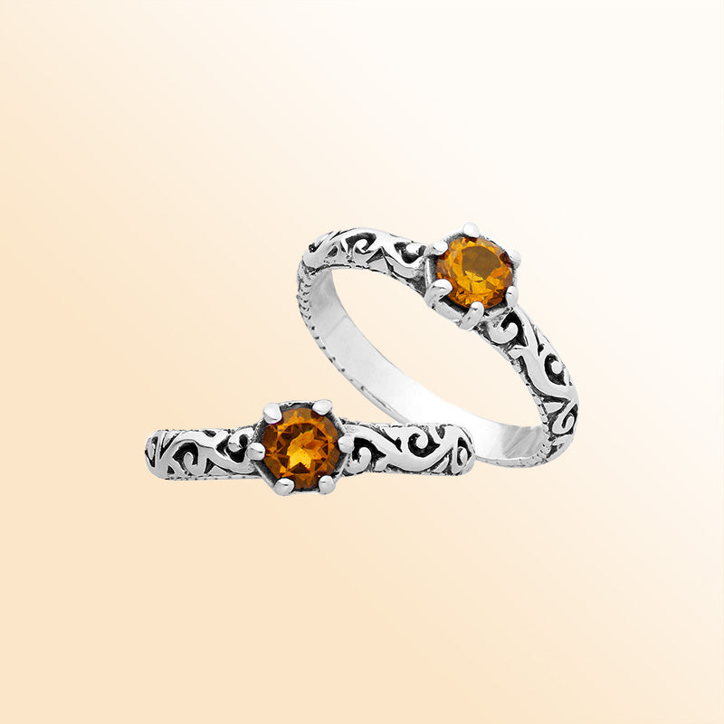 Sterling silver filigree ring with round Citrine Quartz, artisan handcrafted jewelry for women, elegant Quartz accessory.