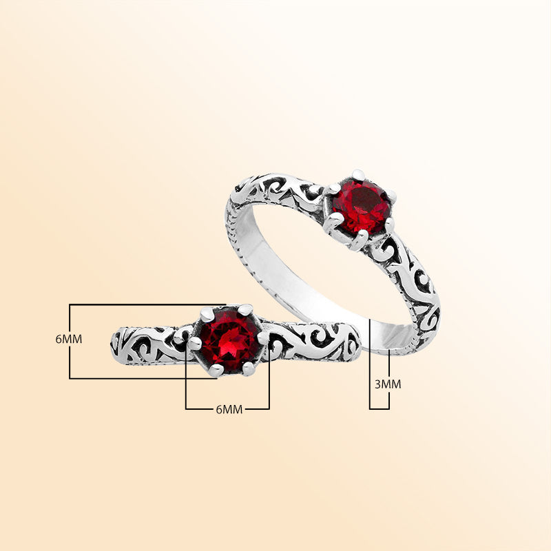 Sterling silver filigree ring with round red Garnet Quartz, artisan handcrafted design, elegant Quartz jewelry for women.